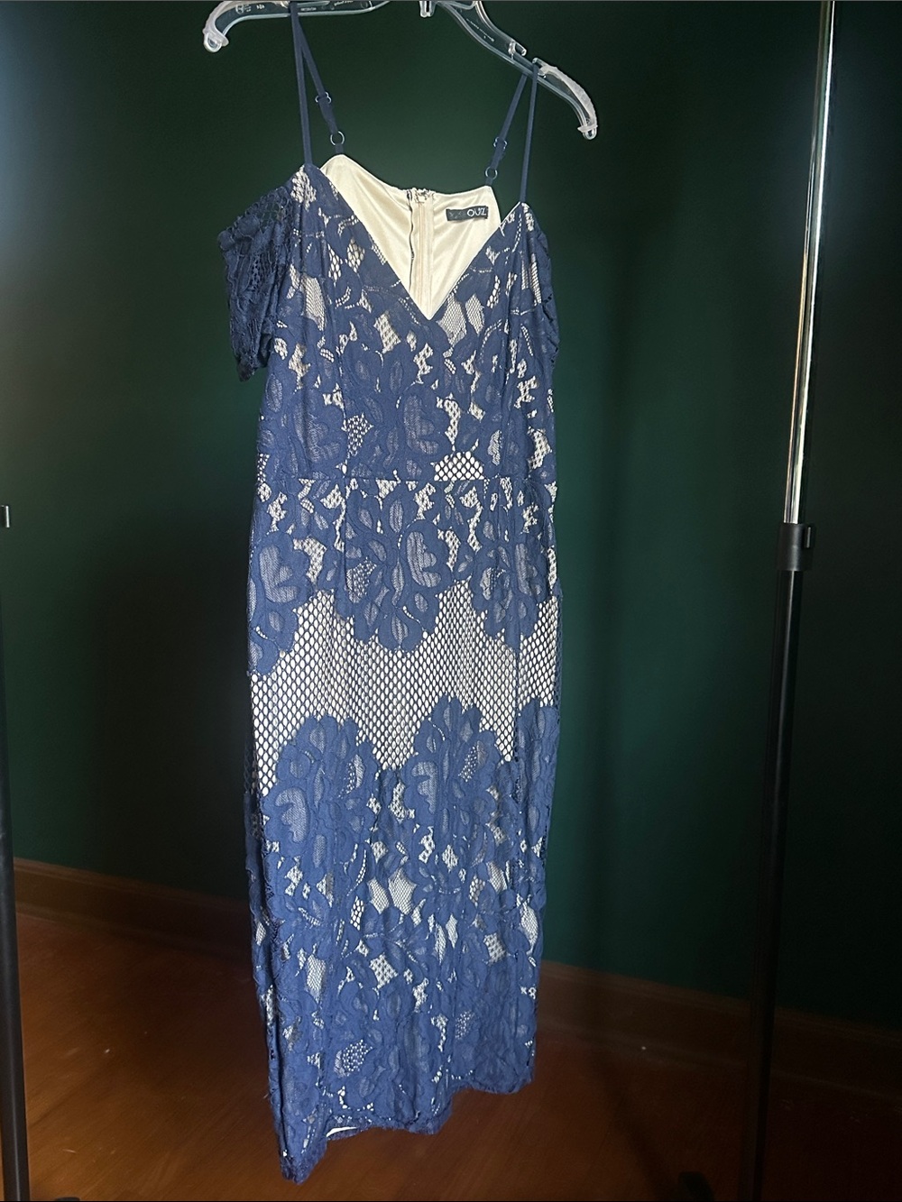 Sleeveless Navy Lace Midi Dress with Cream Slip